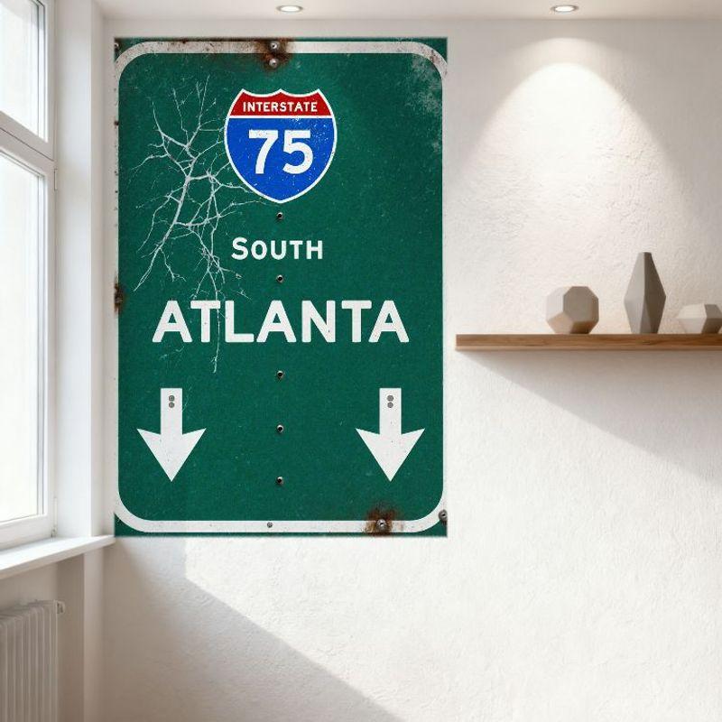 Винтажная металлическая вывеска Interstate 75 South Atlanta с эффектом старения Ретро дорожный щит Оловянная вывеска для мужской комнаты, бара, домашнего декора стен 8x12 дюймов