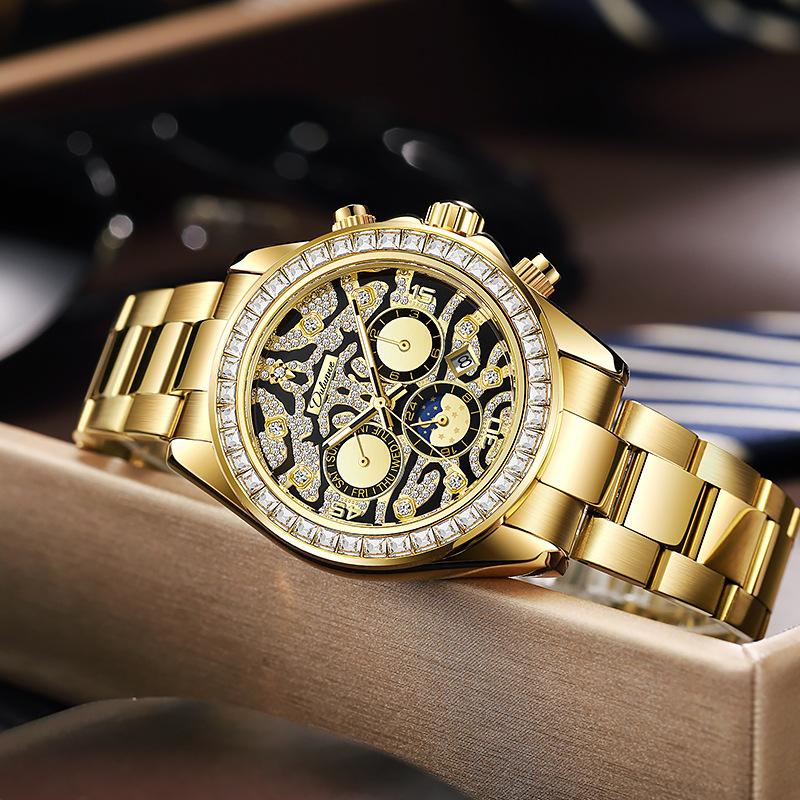 Dulunwe Мужские золотые роскошные часы с бриллиантами Tiger Texture Moon Phase механические автоматические часы ретро татуировка циферблат наручные часы из нержавеющей стали
