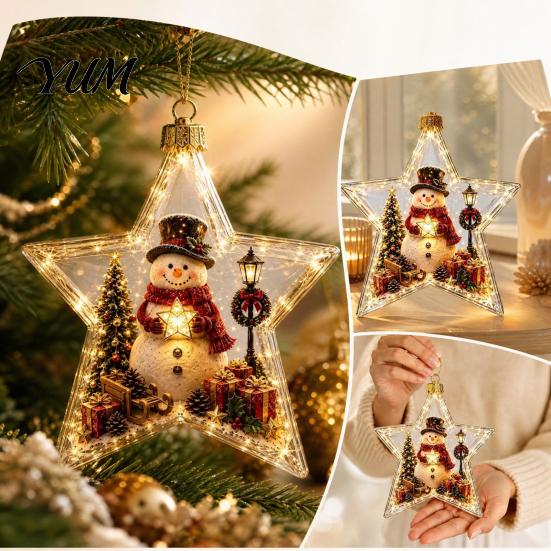 Acrylic Festive Ornaments Lighted Christmas Star for Holiday Tree Decoration, Shatterproof Hanging Decor Winter Festival Party Favors with Snowman