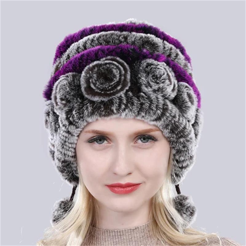 Лидер продаж, зимние женские цветочные полосатые шапки из натурального меха кролика рекс, женские теплые вязаные шапки из натурального меха