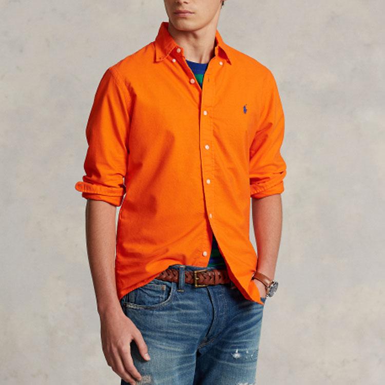 Polo Ralph Lauren SS23 Однотонная рубашка с заостренным воротником и вышивкой пони, длинные рукава, мужские рубашки, оранжевые MNPOWOV16821984-800