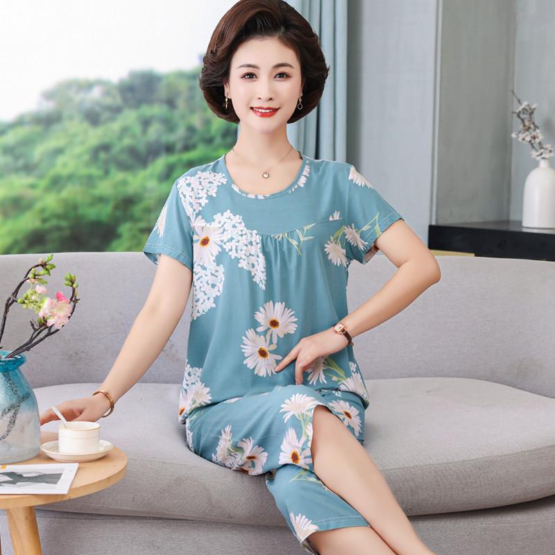 Женский летний хлопковый пижамный комплект больших размеров для женщин среднего и пожилого возраста - Домашняя одежда с короткими рукавами, подходящая для ношения на улице