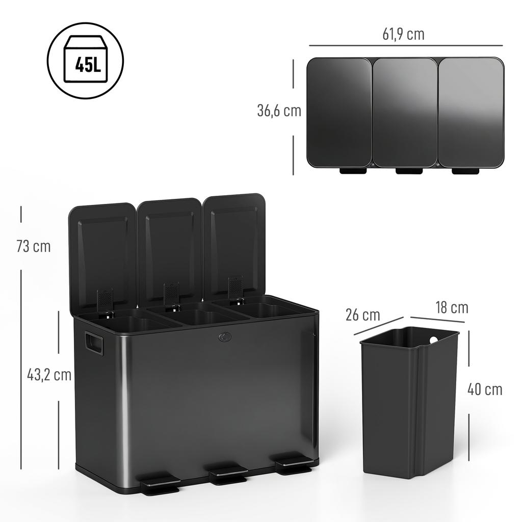3 x 15L Pedal Bin, Steel Triple Kitchen Bin with Soft Close Lid, Removable Inner Buckets, Fingerprint-Proof, Black