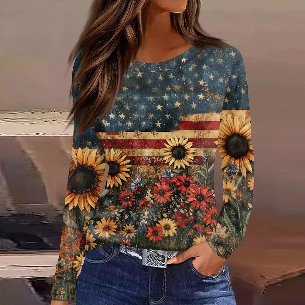 Women's Fashion Slit Hem Independence Day Printed Round Neck Long Sleeve Top