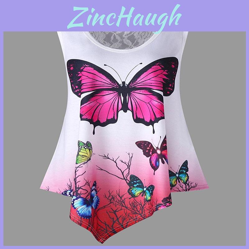 Stylish Women Sleeveless Butterfly Print Lace Patchwork T-shirt For Summer Chic