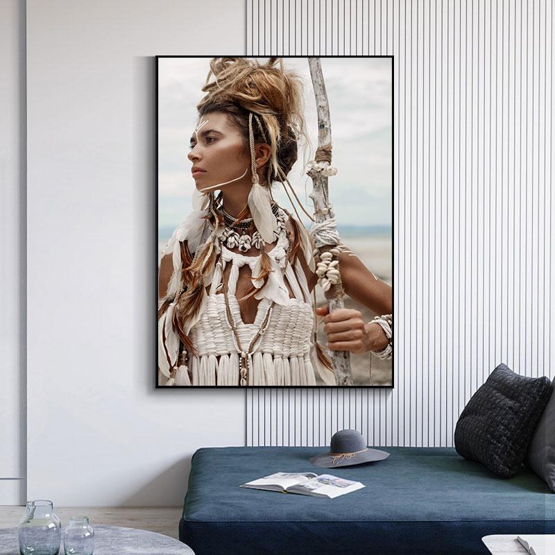 Портретные постеры для девочек в стиле бохо, холст, картина, американская девушка с перьями, женские современные настенные художественные картины для гостиной, домашний декор