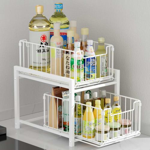 DAIWIN Under-Sink Storage Rack with 2 Shelves, 27cm Wide, Drawer, Condiment Storage Rack, Large Capacity Kitchen Storage Rack, Gap Storage, Easy Assem