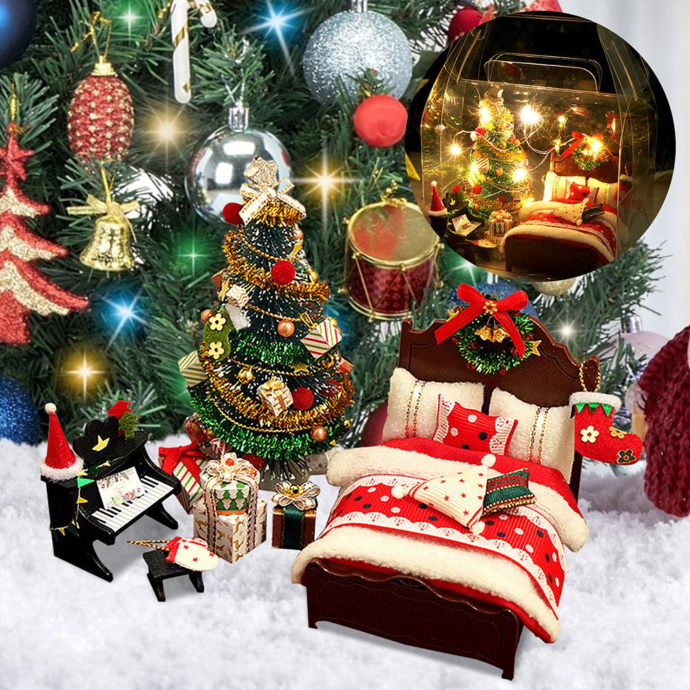 DIY Рождественский миниатюрный кукольный домик, реалистичный 3D-дом, комната, поделки с кроватью, одеялом, подушкой, пианино