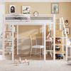 Loft bed 140*200cm, three-tier storage shelf, desk, wardrobe, safety steps with storage compartment, high fence design, iron bed, single bed, white