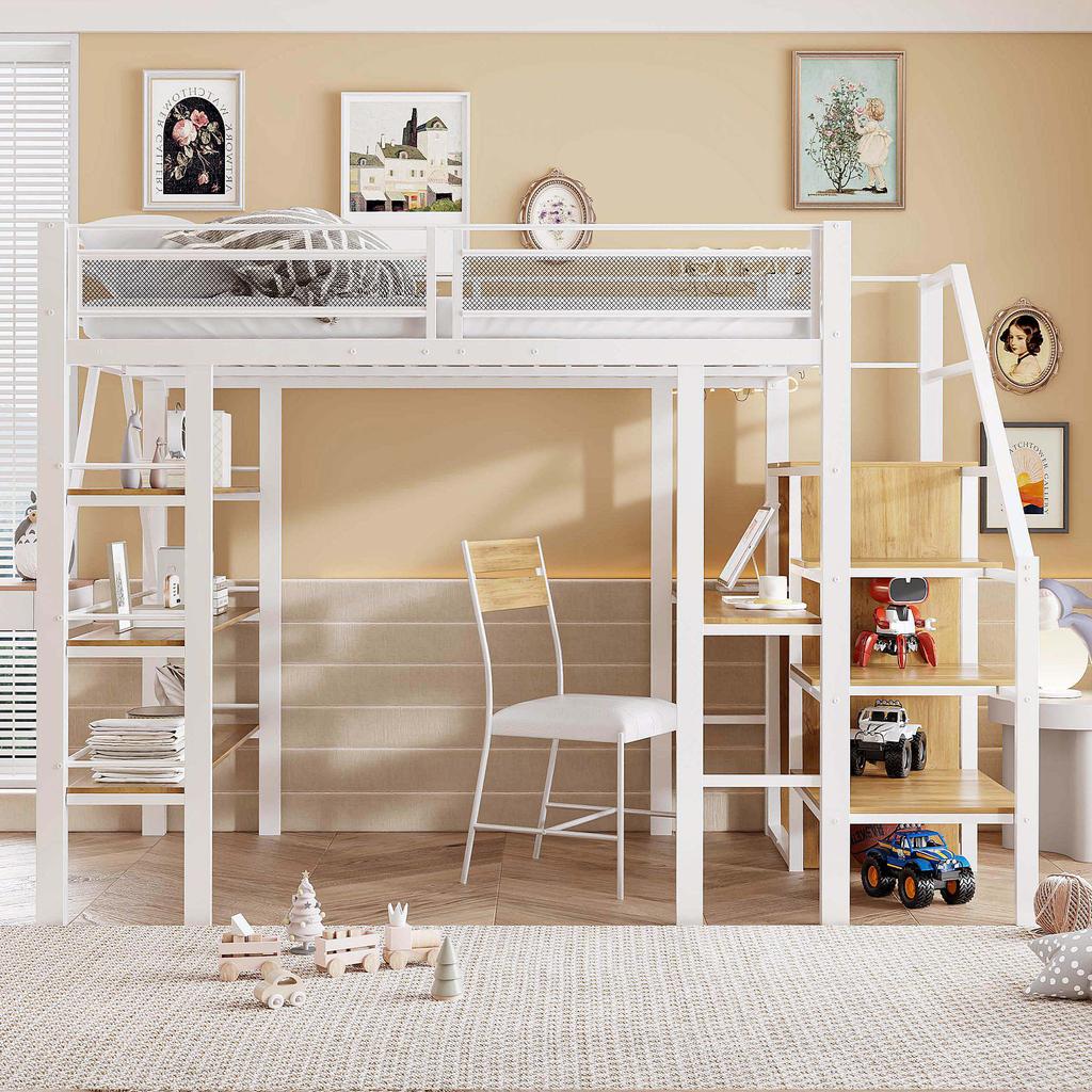 Loft bed 140*200cm, three-tier storage shelf, desk, wardrobe, safety steps with storage compartment, high fence design, iron bed, single bed, white
