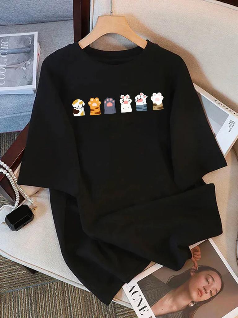 Принты с комбинациями кошачьих лап разных цветов Летние футболки Женские футболки с коротким рукавом Мягкие топы с круглым вырезом Базовая одежда