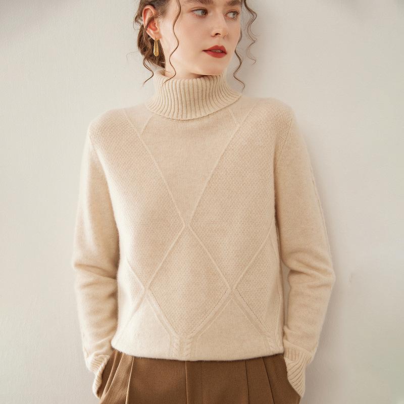 Женский кашемировый свитер с высоким воротником ромбовидной вязки - Плотный, стильный базовый слой для осенне-зимних нарядов
