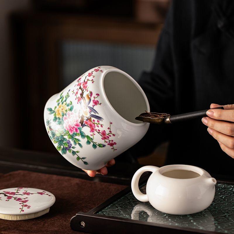 Большая керамическая чайница с крышкой – Винтажный дизайн с птицами и цветами, Герметичная банка для хранения рассыпного чая