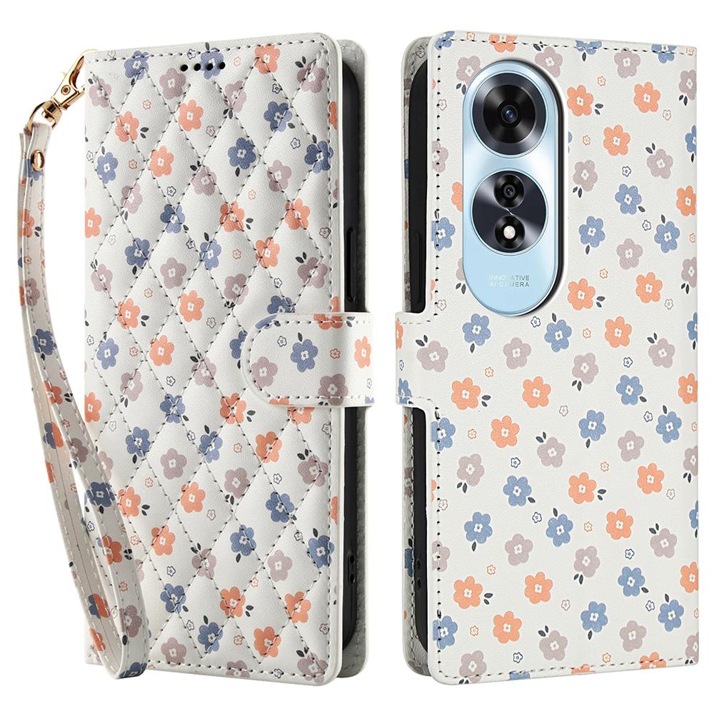 For Oppo A60 4G Wallet Case Rhombic Floral Design Leather Flip Phone Cover with Strap