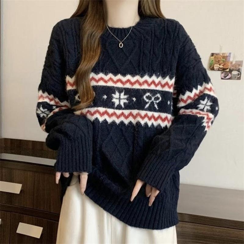 Женский ретро рождественский свитер Fair Isle из чистой шерсти - Теплый, свободный крой, жаккардовая вязка, с круглым вырезом