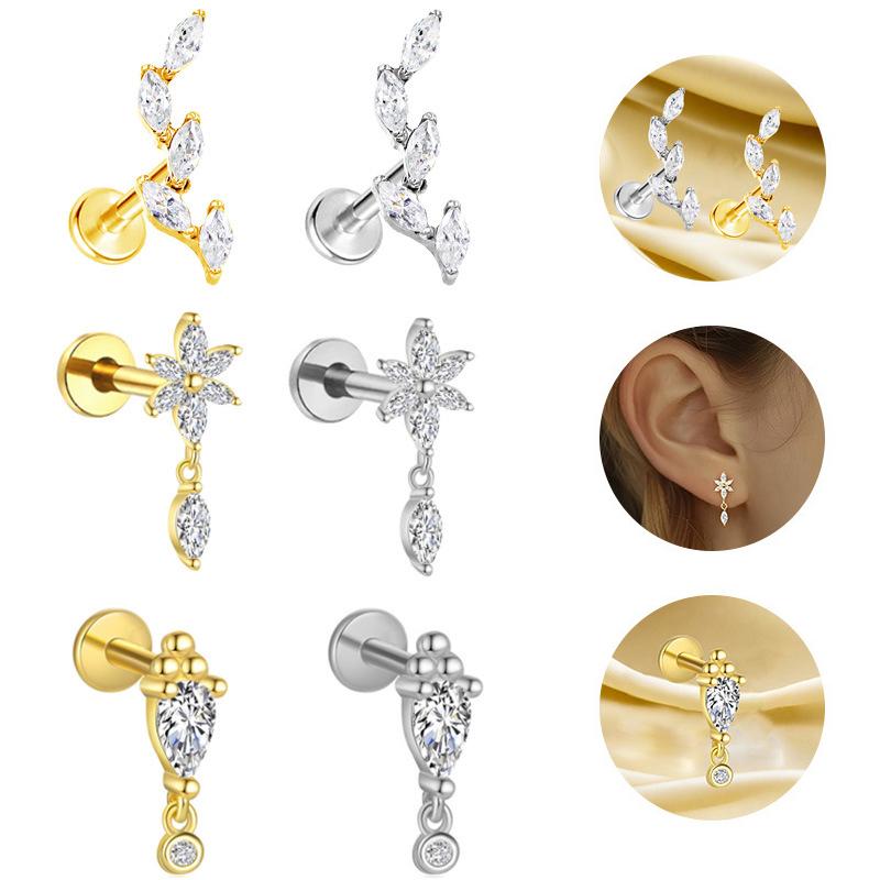 Титановая серьга-кафф с пятью маркизами, с плоской задней частью, в виде листа, для мочки уха, хряща уха (helix), лабрет-гвоздик, пирсинг, украшение