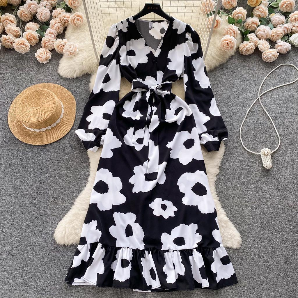 Модное женское платье с цветочным принтом, осеннее элегантное винтажное Бандажное длинное платье макси с рюшами по подолу, вечерние платья