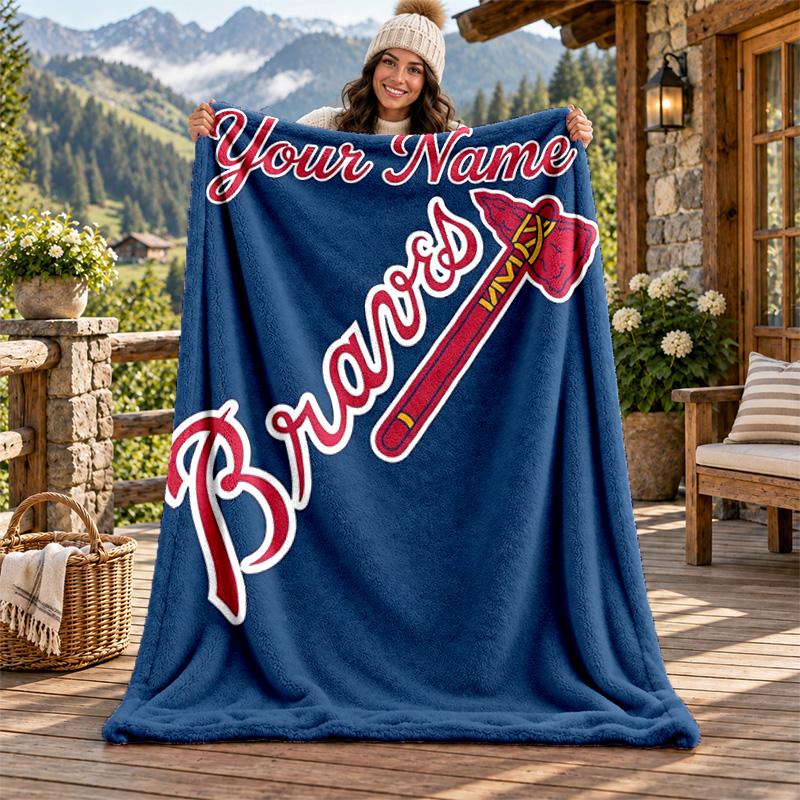 Atlanta Braves Custom Name Flannel Blanket Personalized Soft Warm Plush Throw Blanket Customized Gift for Family Friends