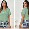 Новые женские комплекты пижам из 2 предметов, топы-пуловеры с коротким рукавом и шорты в клетку на кулиске, повседневная футболка, домашняя одежда, комплект пижам