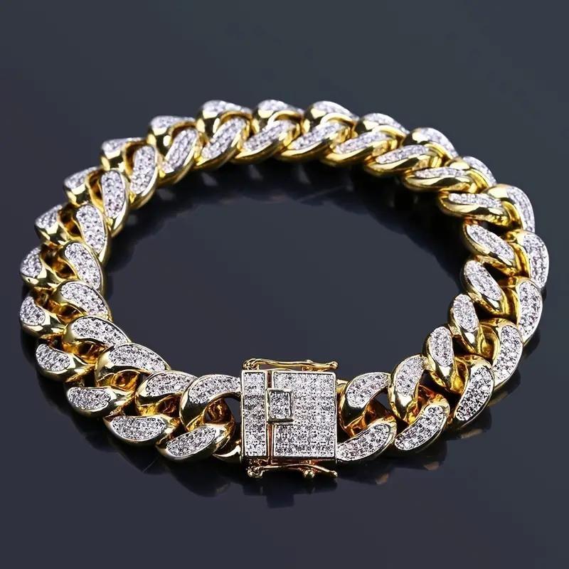 Браслет в стиле хип-хоп Iced Out, кубинская цепочка, браслет с кубическим цирконием для мужчин, позолоченный, подарок на годовщину вечеринки