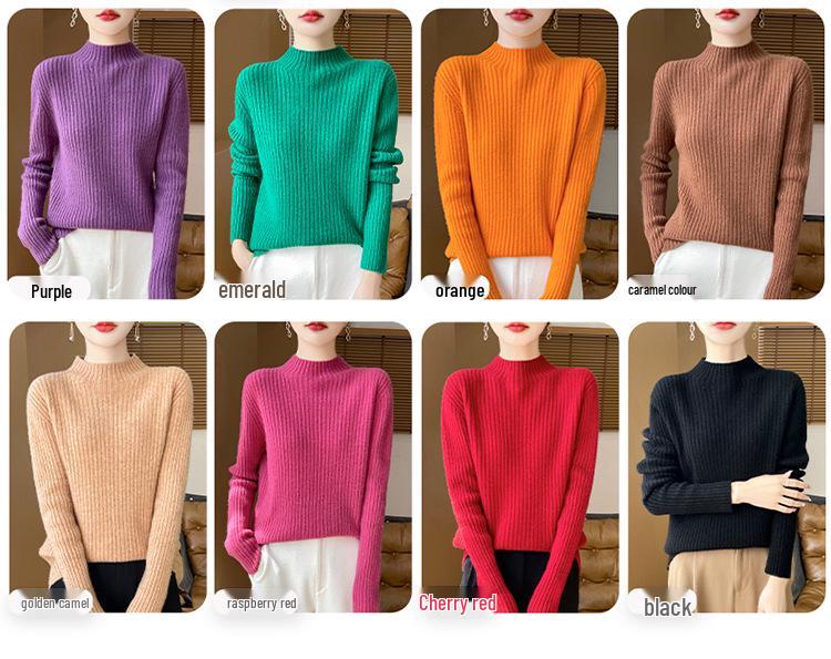 Women's Cashmere Striped Slimming Knit Sweater - Half-High Neck Autumn/Winter Base Layer
