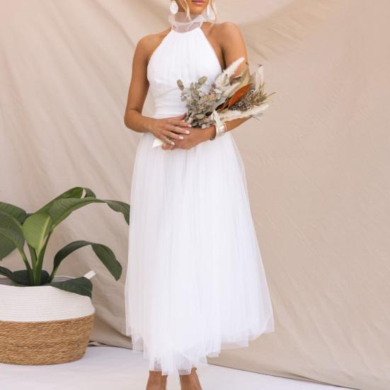 Lady Evening Dress Lace-up High Collar Halter Neck Backless Off Shoulder Sleeveless Multi-layer Mesh Hem Solid Color A-line