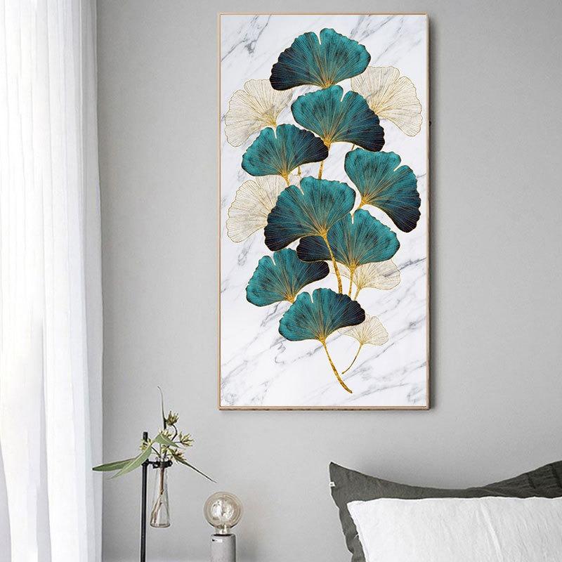 Скандинавская гостиная, вход, крыльцо, декоративная живопись, зеленое золото, листья растений, холст, картина, современная домашняя декоративная живопись, ядро