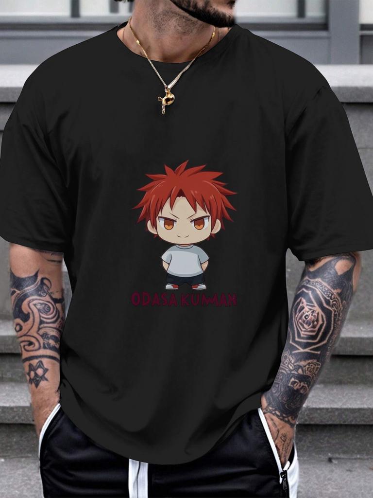 ODASAKUMAN Chibi Anime Boy Graphic T-shirt - Black Crew Neck Short Sleeve