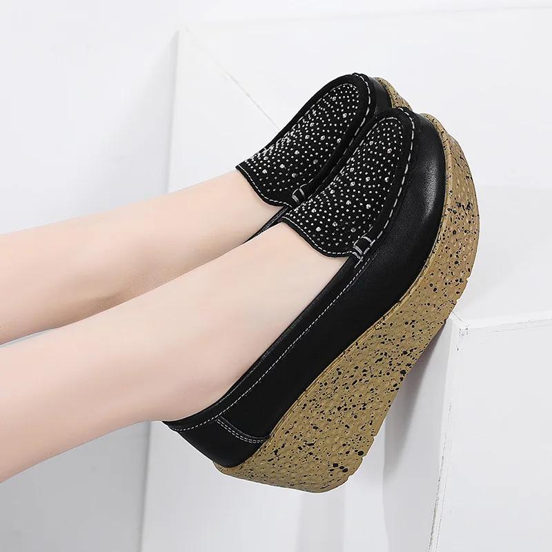 Spring Autumn Women Platform Wedge Shoes Ladies Genuine Leather Moccasins Loafers Casual Slip On Thick Soled Elevator Footwear
