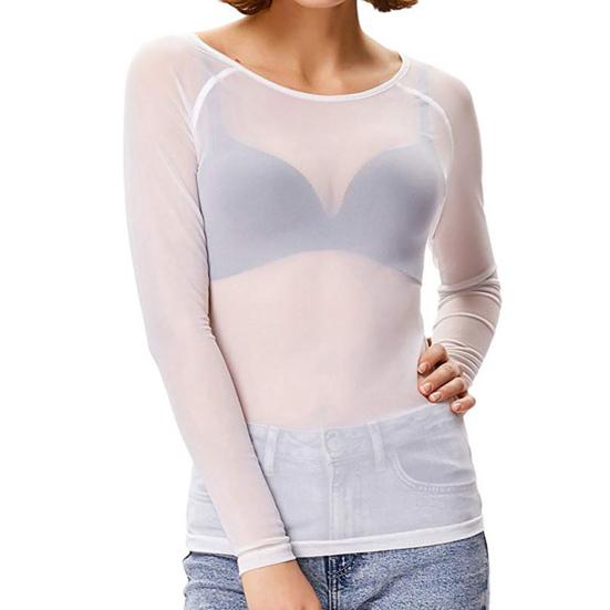See-through Mesh Bottoming Tops Women O-Neck Long Sleeve Slim Fit Shirt Sexy Clear Sun Protection