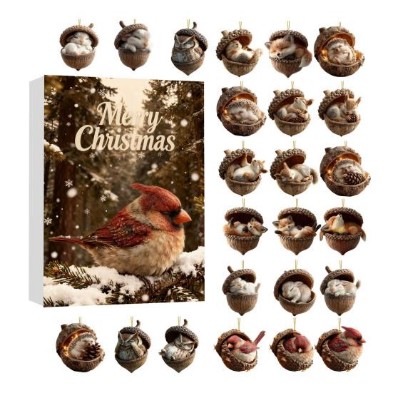 2025 Лесные животные Желуди Украшения Адвент-календарь 2D Акрил Уютный Лес Набор Рождественских украшений Шишка Животное Обратный отсчет Украшение для Рождественской елки