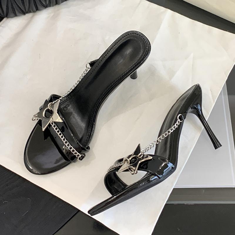 Elegant Round Open Toe Mules Thin High Heels Slippers Sandals Fashion Metal Chain Designer Slides Women Party Prom Shoes