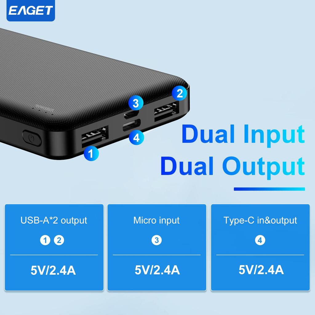 EAGET Портативное зарядное устройство Power Bank емкостью 10000 мАч для быстрой зарядки мобильных устройств с технологией зарядки PowerIQ и USB-C для iPhone 15 и Android