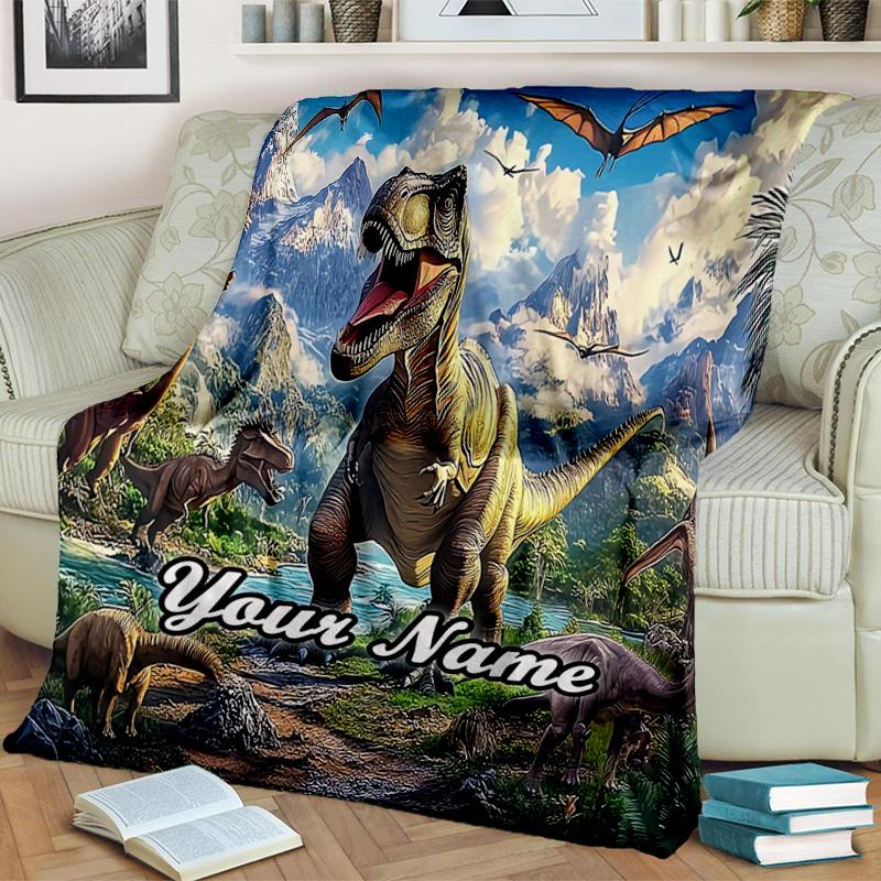 1PC Custom Name Dinosaur Adventure Mountains flannel blanket versatile,all-season throw suitable for the living room,bedroom,camping,travel,and gift