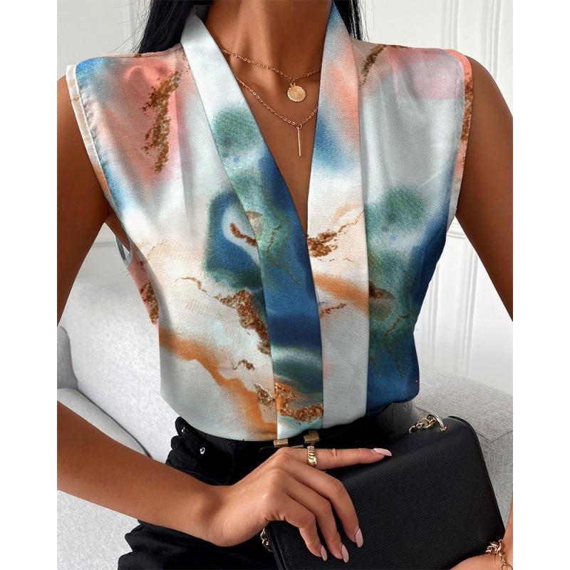 JKASHDK Women's Fashion Casual Summer Spring Colour Block Print Sleeveless V-Neck Blouses & Shirts