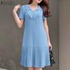 Women Summer V-Neck Casual Short Sleeve Solid Dress