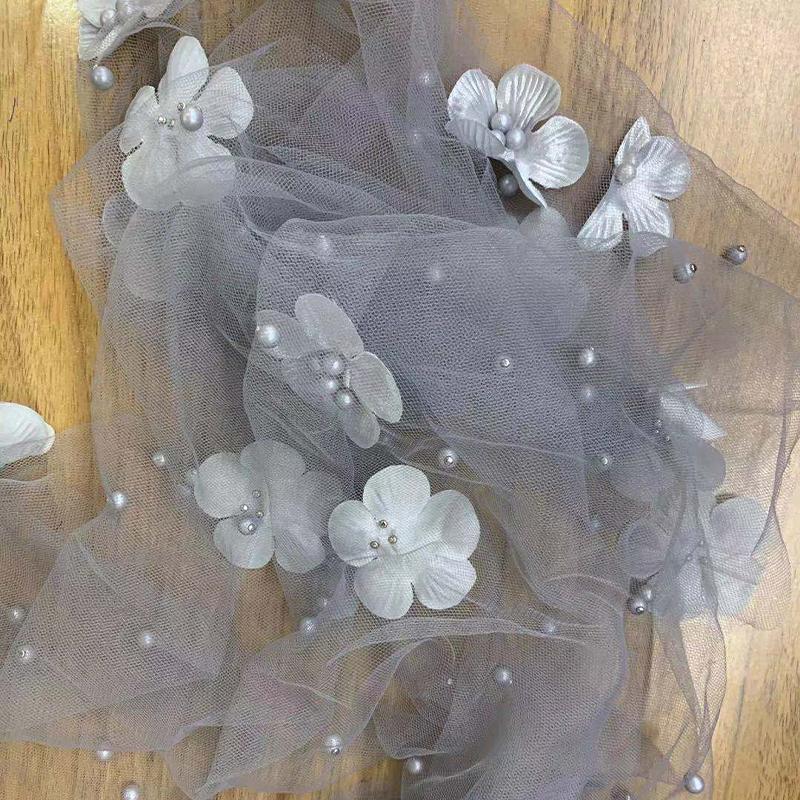 1 ярд 3D цветочная вышивка мягкая сетка жемчужный цветок кружево платье бисерный тюль кружево нигерийская ткань костюм DIY швейные поделки