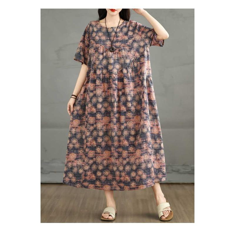 Летнее ретро платье из хлопка и льна с круглым вырезом и короткими рукавами, женская свободная юбка