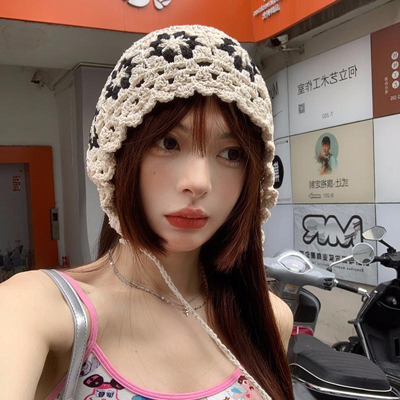 Ins Hand-related Hollow Girl Lace-up headband Spring and Summer Travel Thin Triangle Pullover Hat Japanese Cute Beanies for Woman