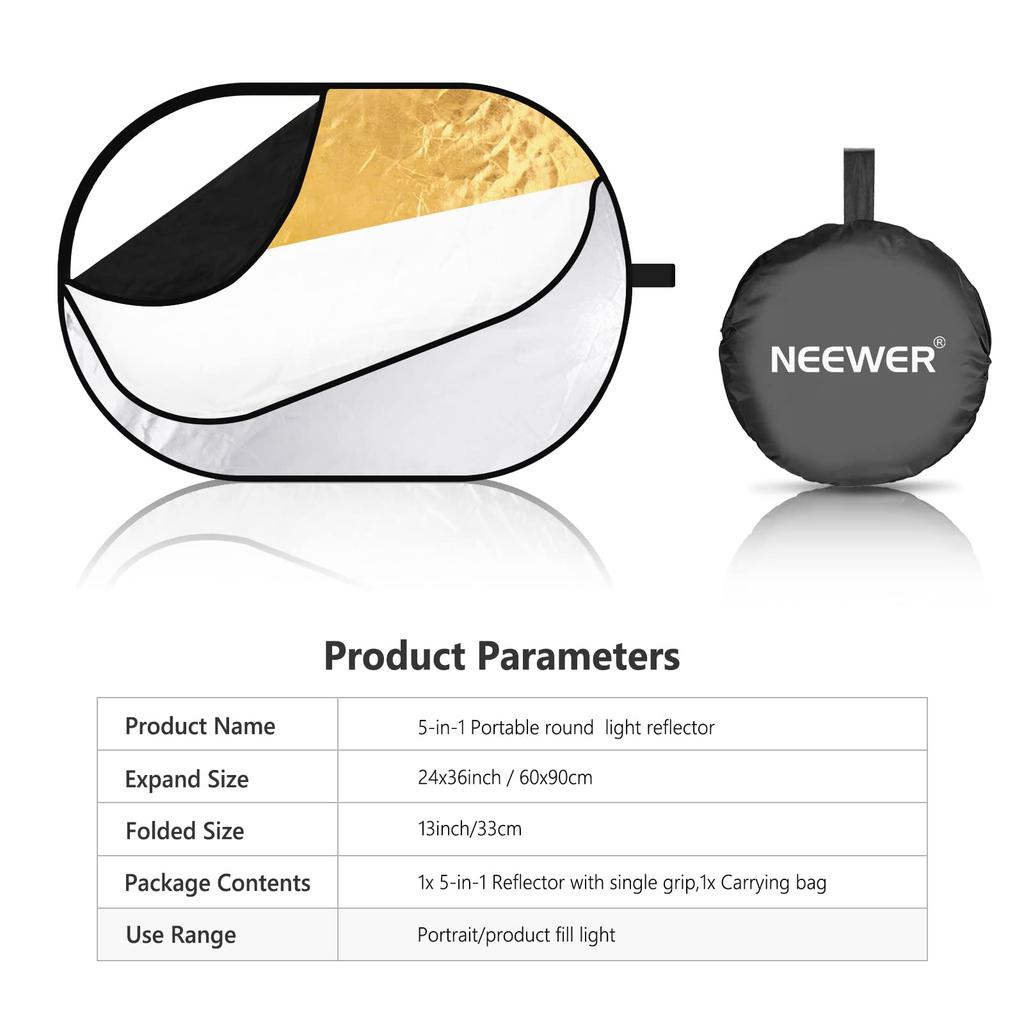 Neewer 5-in-1 Photography Foldable Reflector (Silver, Gold, White, Black, Translucent) (60cm X 90cm) [Parallel Import]