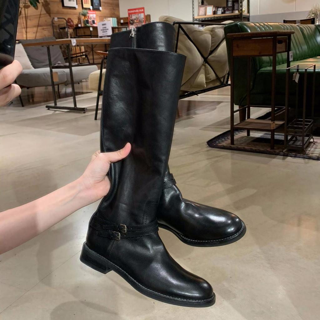 Whole Cowhide~ Washed Leather Belt Buckle Thick-Soled Knight Boots Women'S Boots Side Zipper High Boots Boots Boots