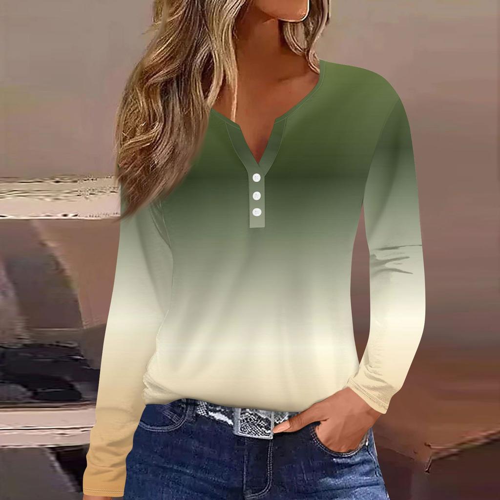 Женская модная повседневная футболка с v-образным вырезом и длинными рукавами и декоративными пуговицами, топ