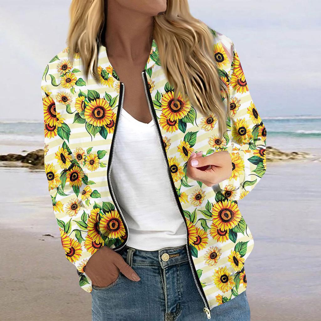Women's Fashionable Casual Long Sleeve Print Round Neck Zipper Jacket