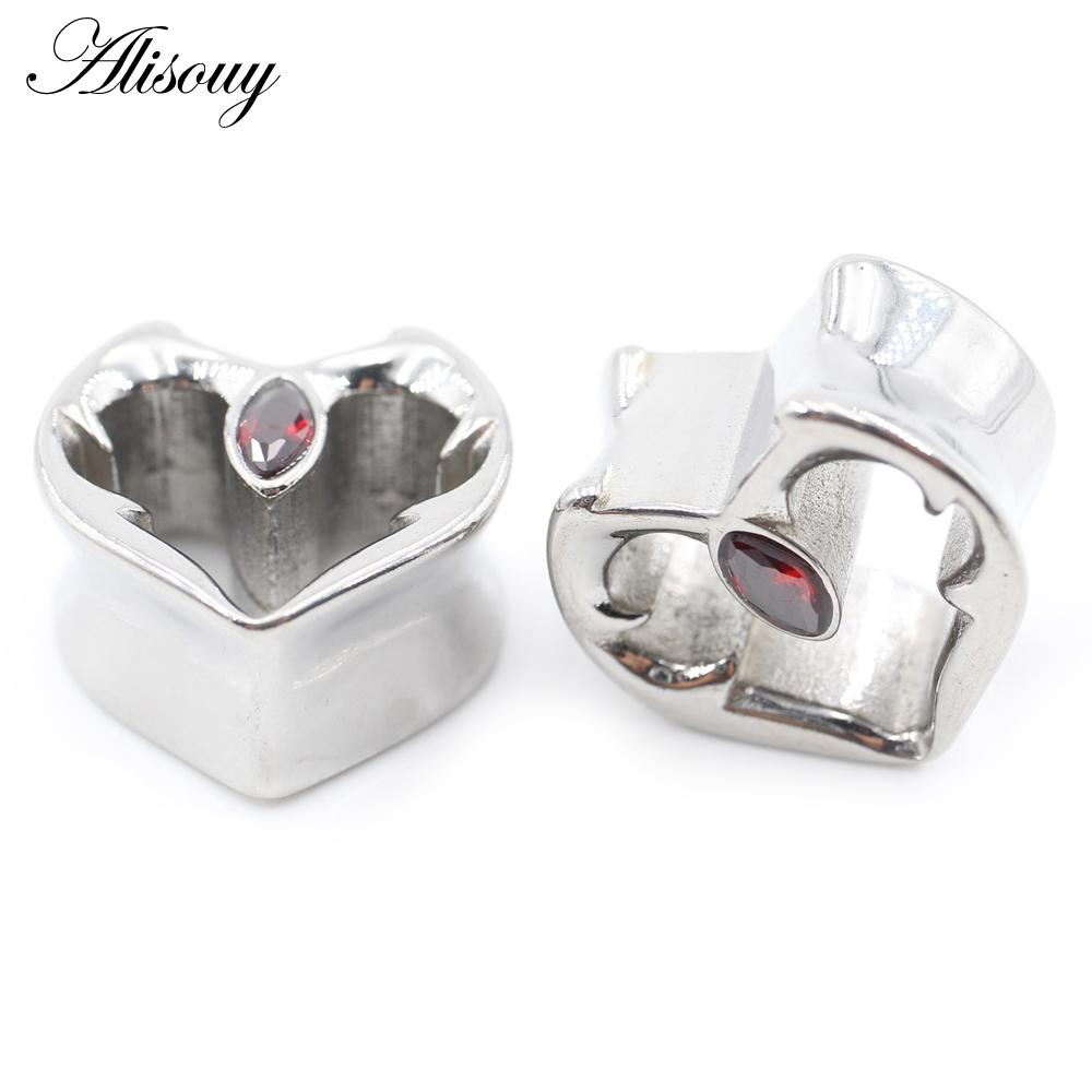 Alisouy 1PC Нержавеющая сталь Сердце Череп Глаз Красный циркон Ушные туннели Пробка Расширитель Растяжитель Измерители Серьги Пирсинг Украшения для тела
