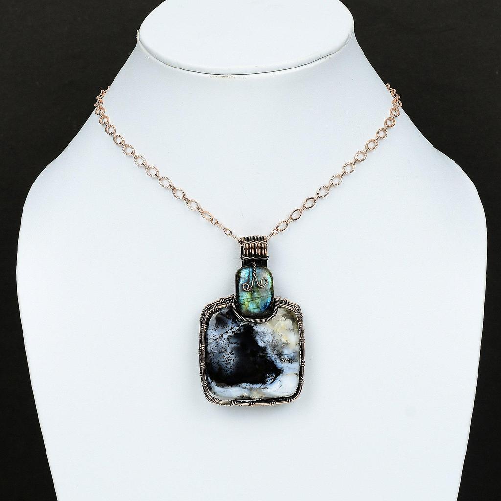 Подвеска с дендритовым опалом, обернутая медной проволокой, Подвеска с драгоценным камнем, Медные украшения, Подвеска ручной работы из проволоки, Украшения с лабрадоритом, Подарок на годовщину для мамы