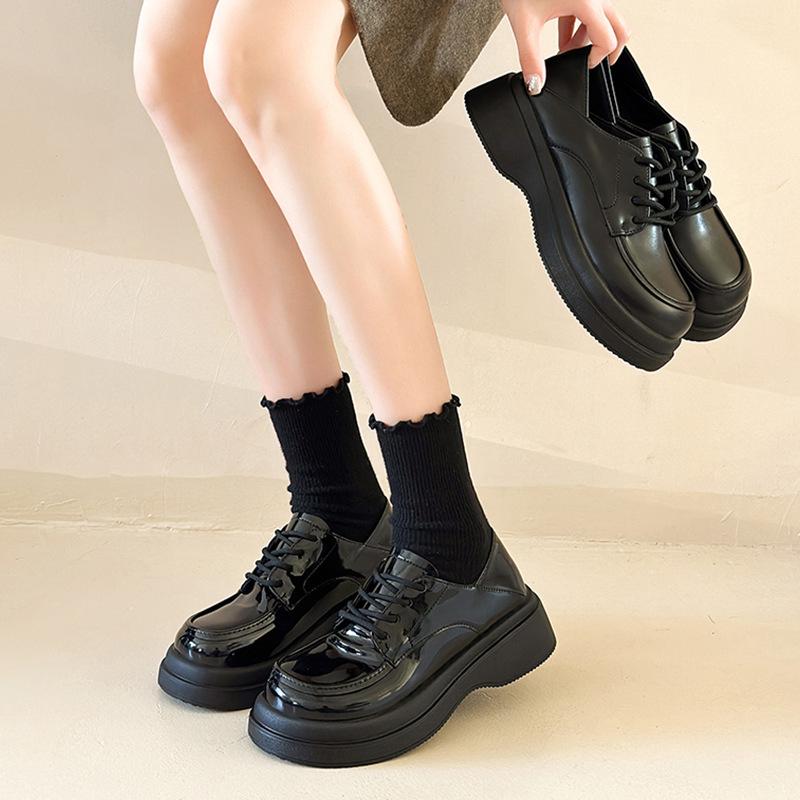 Platform Loafers 2025 Spring New Retro Versatile Black Lace-up Small Leather Shoes College Style Mary Jane Single Shoes