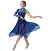 Womens Lyrical Dance Asymmetrical Bodysuit Dress Single Long Sleeve Floral Lace Irregular Hem Skirt