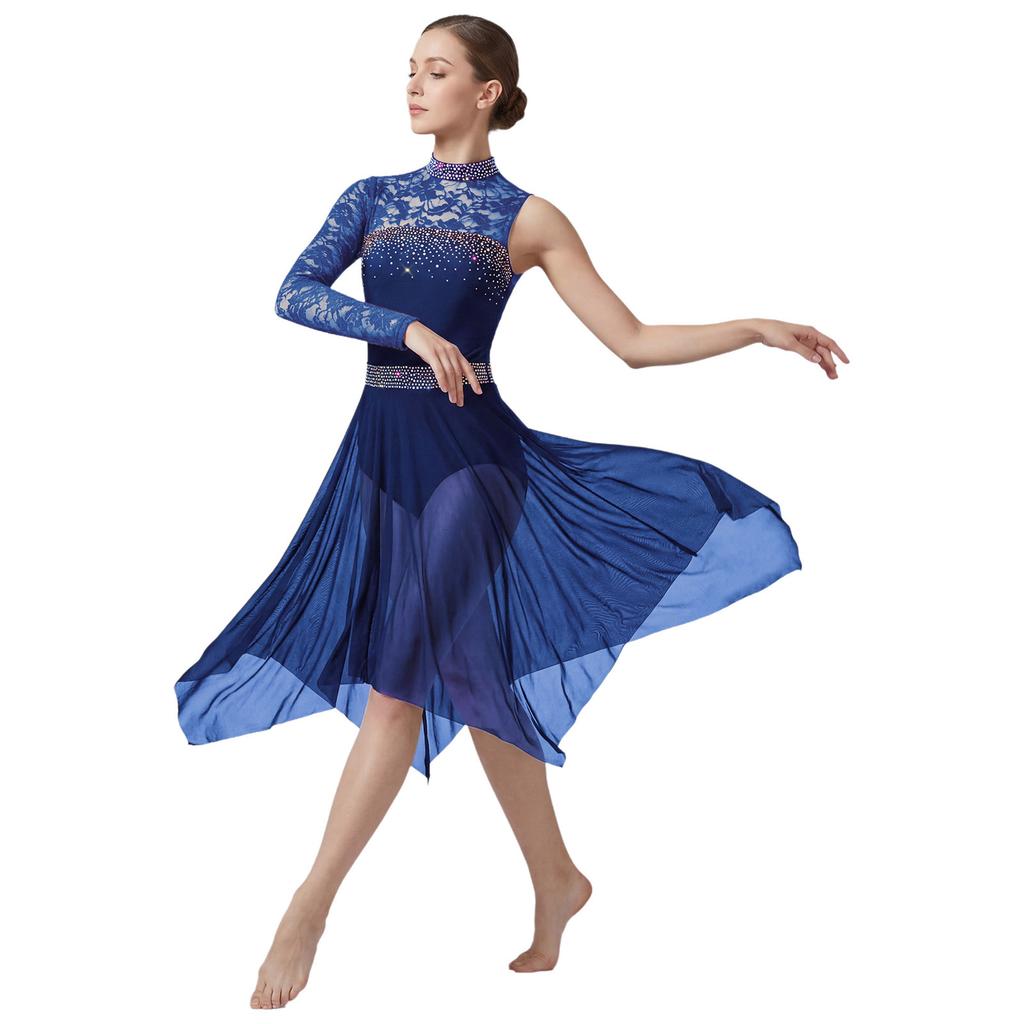 Womens Lyrical Dance Asymmetrical Bodysuit Dress Single Long Sleeve Floral Lace Irregular Hem Skirt