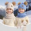3Pcs/Set Children Winter Hat Scarf Gloves Set Plush Lining Fluffy Ball Decoration Knitting Hat Neckerchief Gloves Set