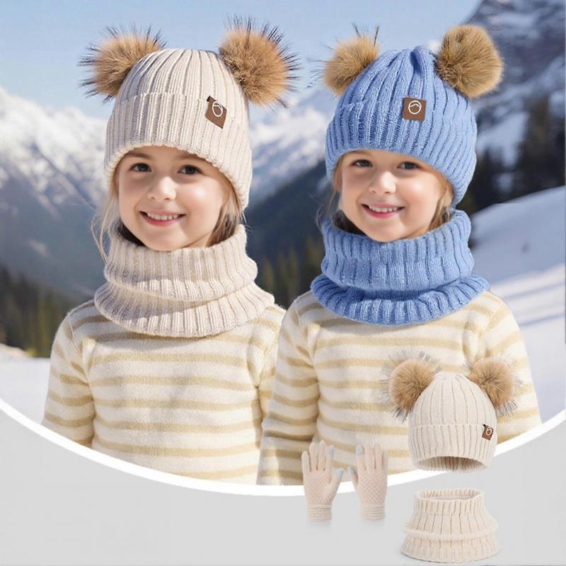 3Pcs/Set Children Winter Hat Scarf Gloves Set Plush Lining Fluffy Ball Decoration Knitting Hat Neckerchief Gloves Set